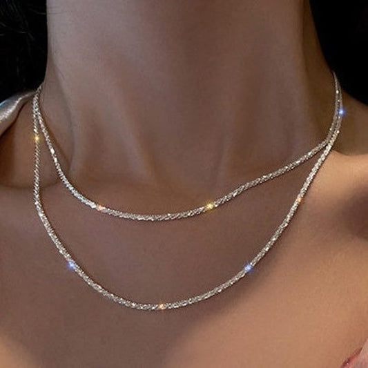 14K Silver Sparkly Layered Choker Necklace Set