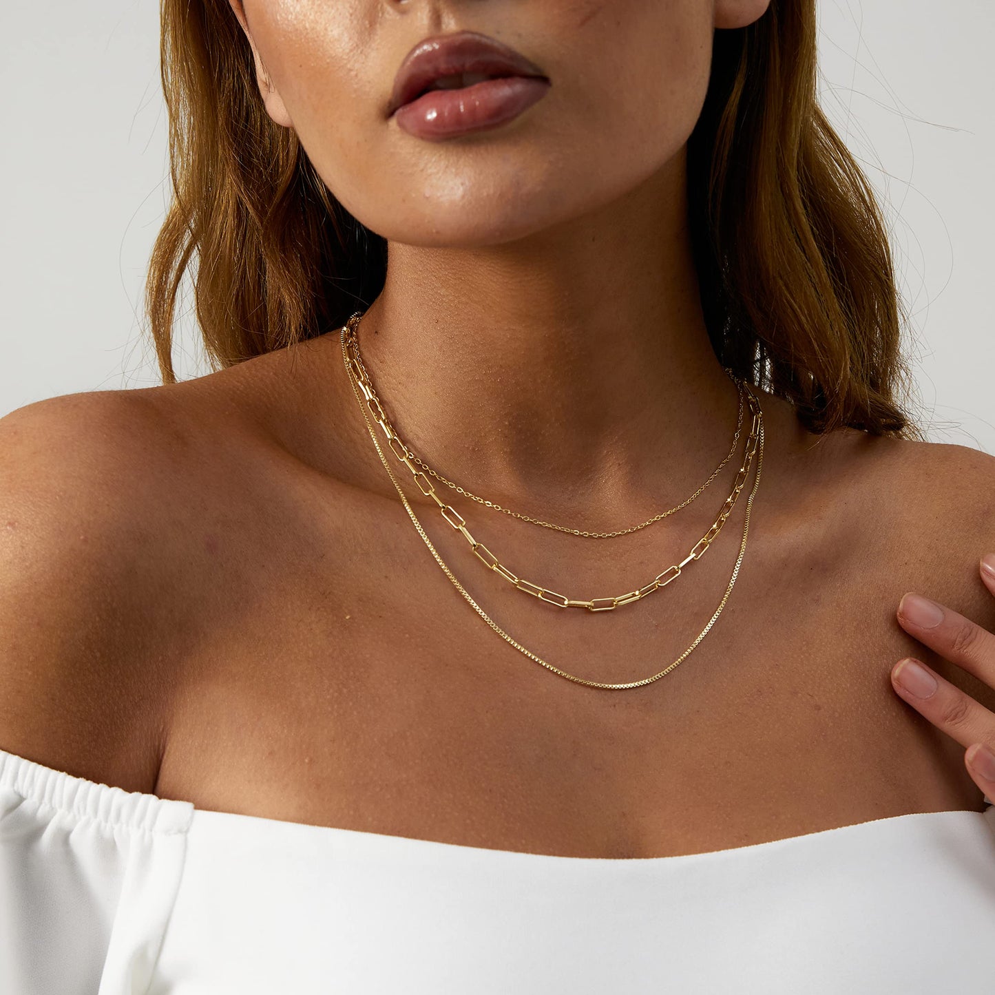 Tasiso 14K Gold Plated Layering Necklace Set Simple Triple Three Layered Box Paper Clip Chain Necklaces for Women
