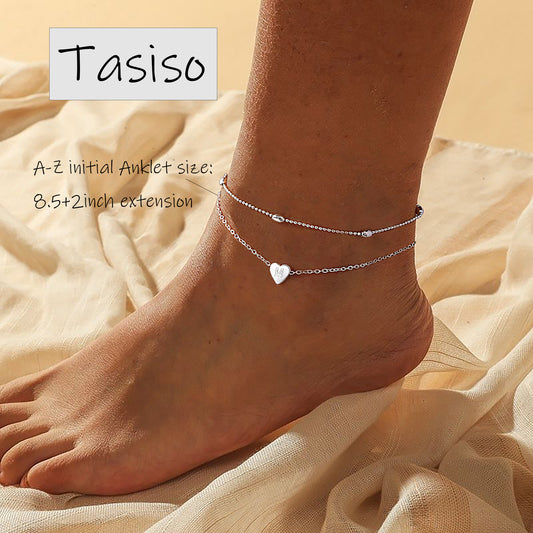TASISO Silver Plated Layered Initial Satellite Heart Anklet for Women