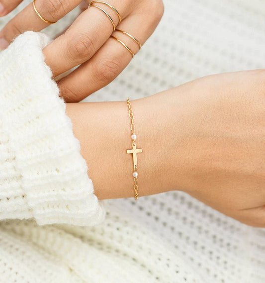 TASISO Tiny Pearl Cross Bracelet for Women