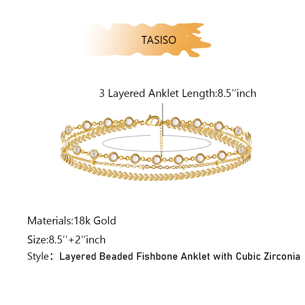 TASISO Gold Plated 3 Layered Satellite Beaded Fishbones Anklets with Cubic Zirconia