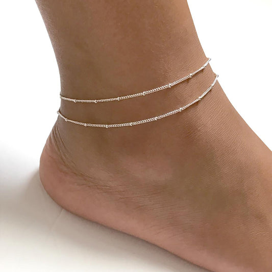TASISO Silver Plated Layered Satellite Beaded Anklet