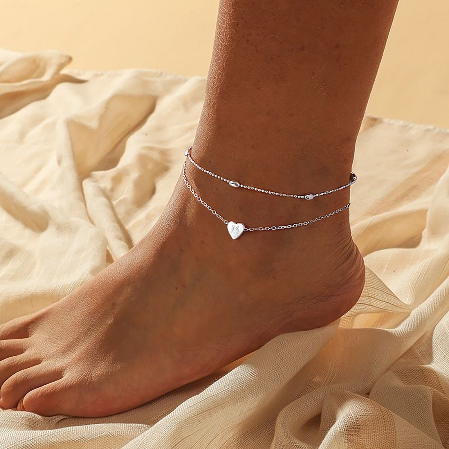 TASISO Silver Plated Layered Initial Satellite Heart Anklet for Women